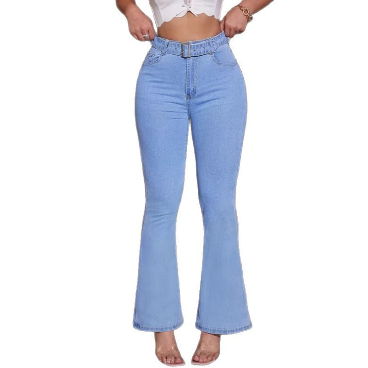 Ladies high-waisted flared jeans with shaping comfort waistband and decorative belt Mune Fashion