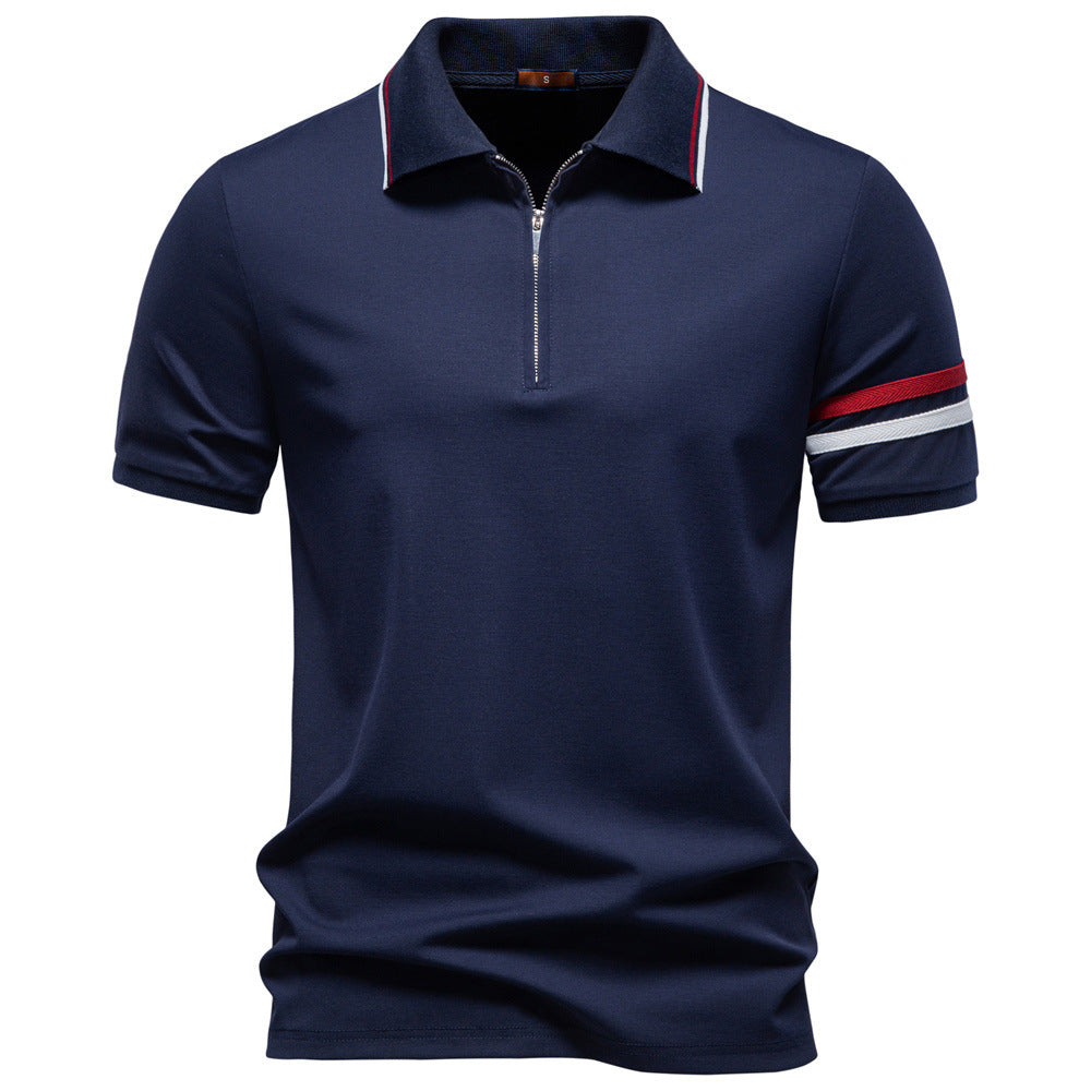 Men's breathable elastic polo shirt with short zipper and contrast stripes on sleeves Mune Fashion