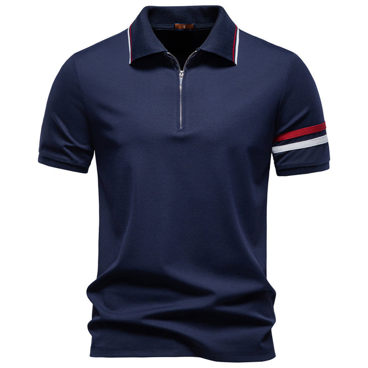 Men's breathable elastic polo shirt with short zipper and contrast stripes on sleeves Mune Fashion