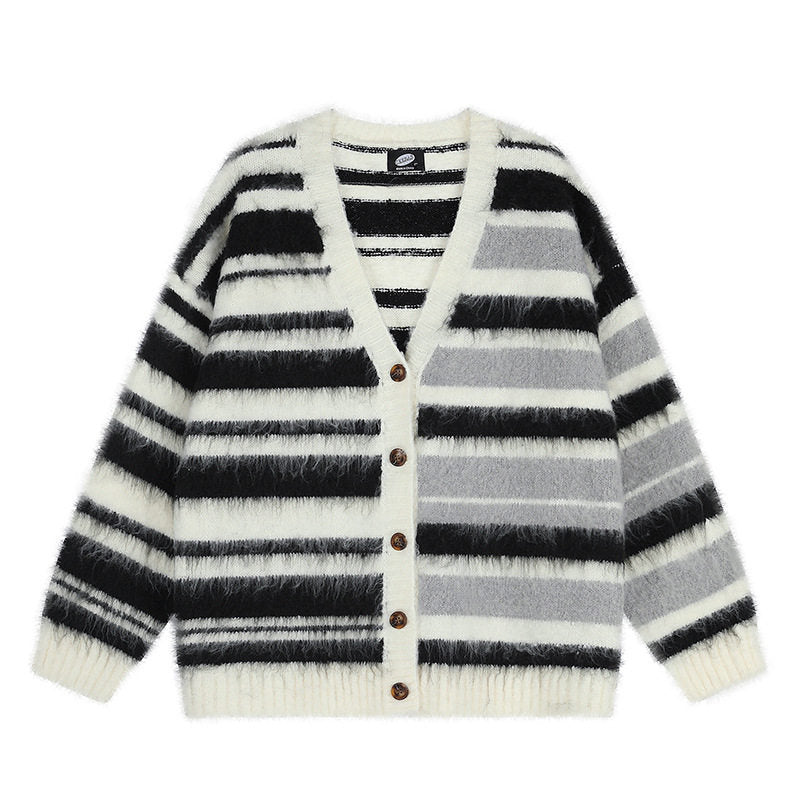 Women's oversized cardigan with V-neck, cozy mohair look and striped pattern Mune Fashion