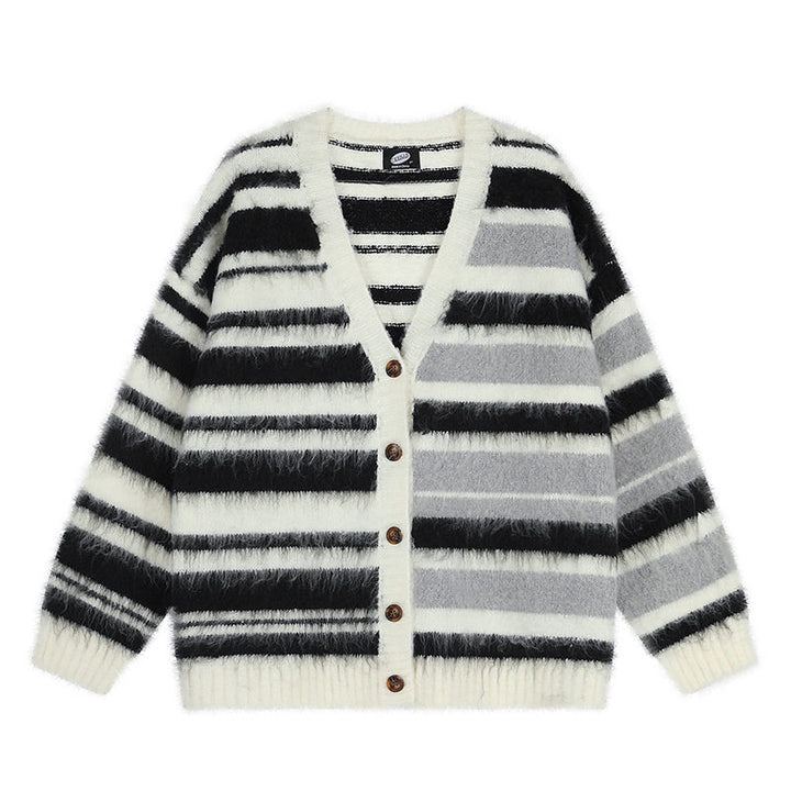 Women's oversized cardigan with V-neck, cozy mohair look and striped pattern Mune Fashion