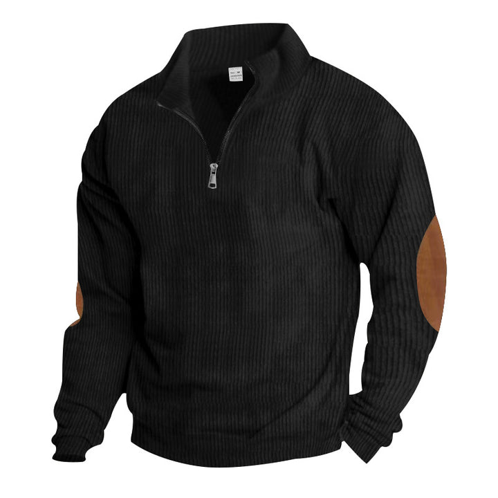 Men's knitted fine knit pullover with short zipper stand-up collar and leather-look elbow patches Mune Fashion