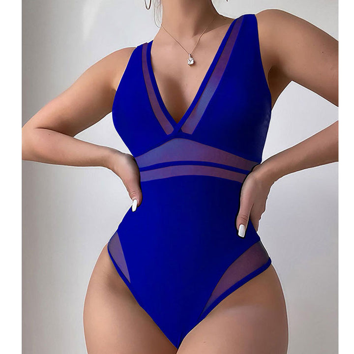 Women Elegant One-Piece Swimsuit with Deep V-Neck and Transparent Inserts Mune Fashion