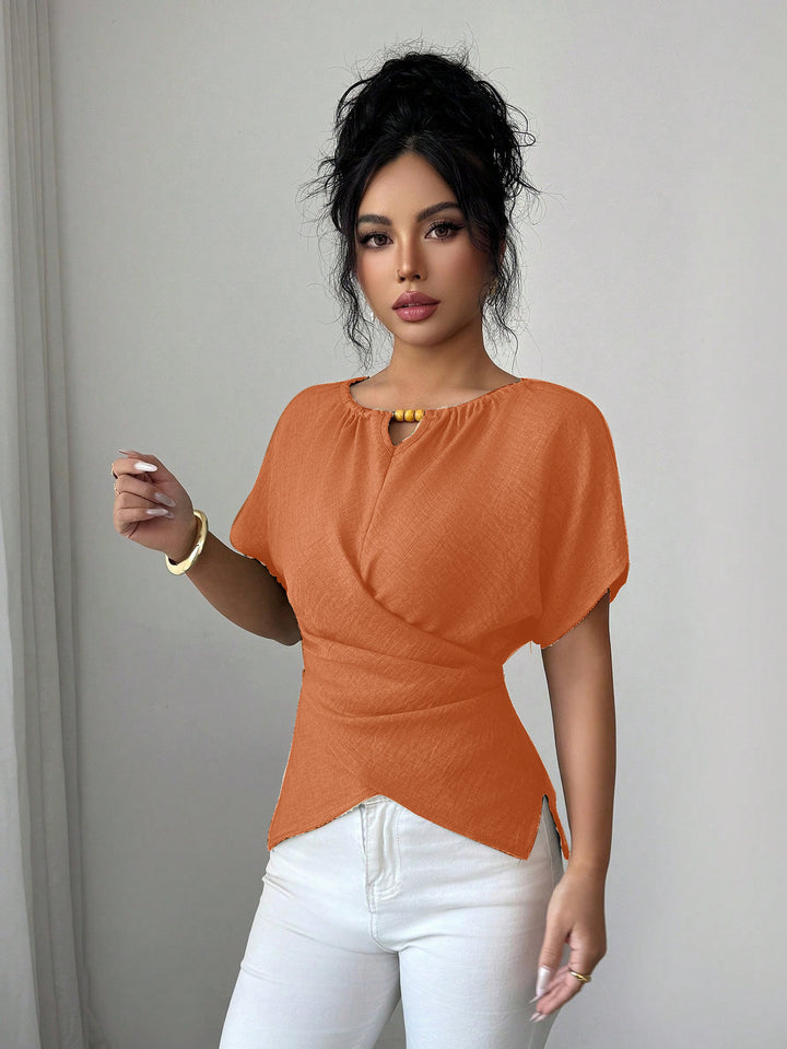 Women's Tailored Linen Look Top with Keyhole Opening, Bead Detail and Draping Mune Fashion