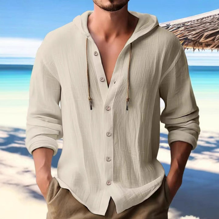 Men's casual linen shirt with hood, button placket, and roll-up sleeves Mune Fashion