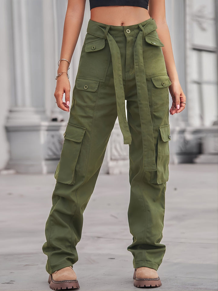 Ladies cargo pants with high waist, tie belt, and multiple flap pockets Mune Fashion