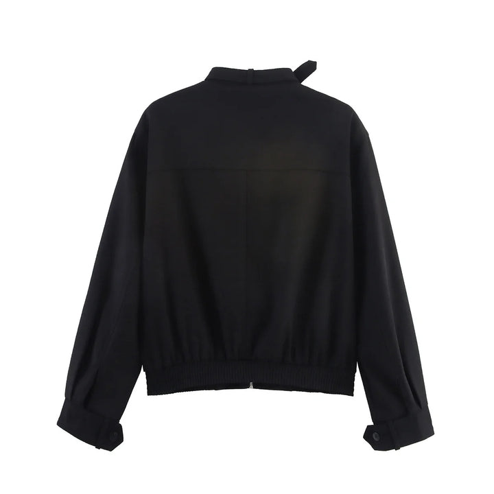 Women's nan minimalist bomber blouse with stand-up collar flap, concealed button placket and elastic waistband Mune Fashion