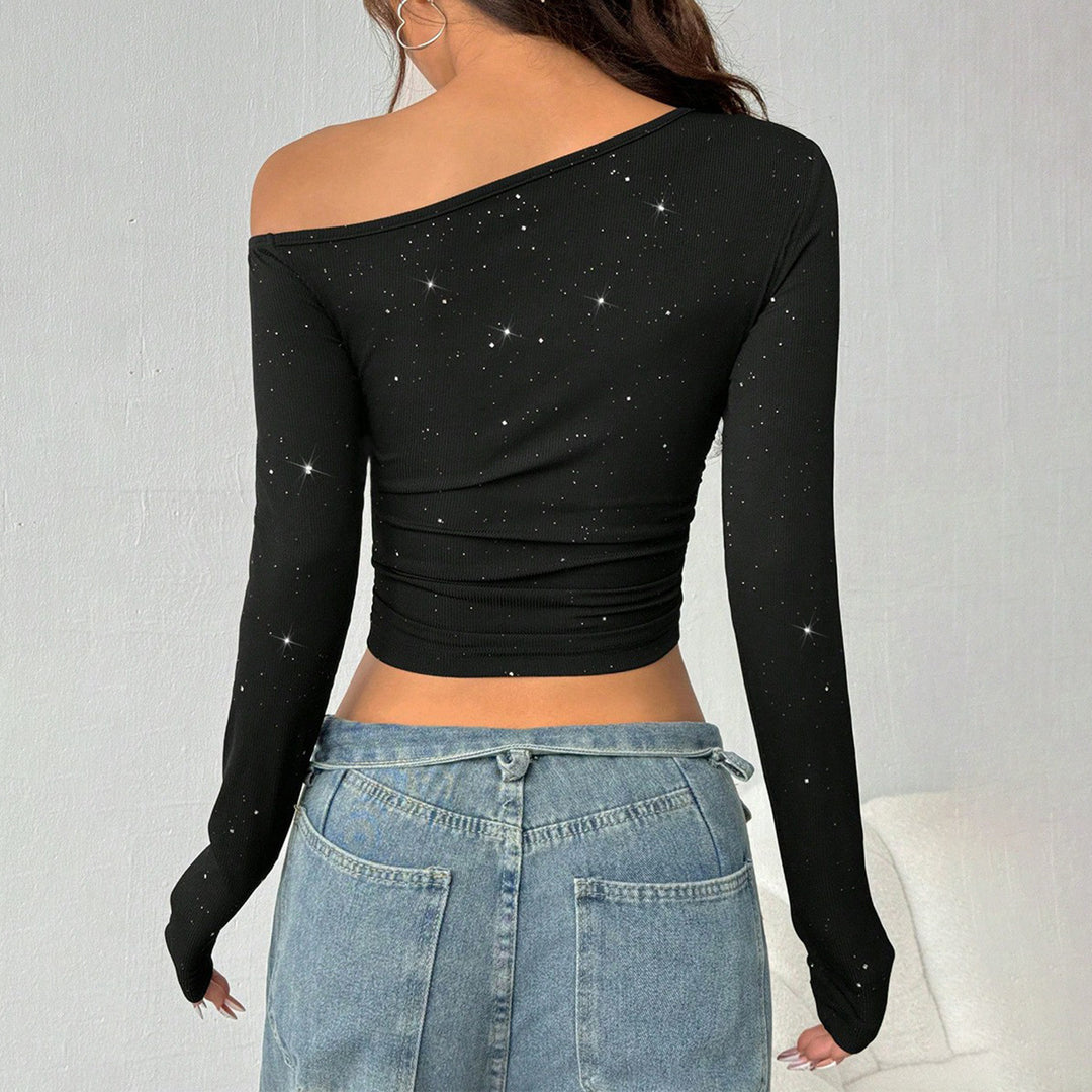 Women's One-Shoulder Cropped Top with Ribbed Texture and Glitter Trim Mune Fashion