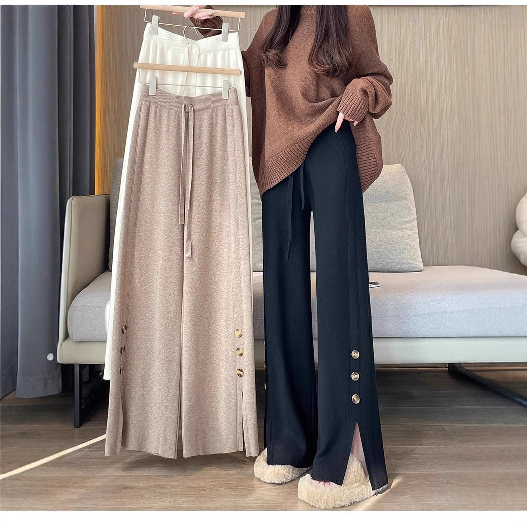 Women's Wide-Cut Knitted Pants with Button Details Mune Fashion
