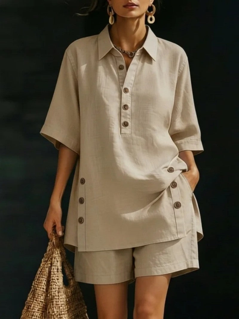 Women's airy linen-look two-piece set with oversized shirt blouse, button placket, and Bermuda shorts Mune Fashion