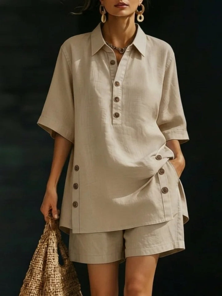 Women's airy linen-look two-piece set with oversized shirt blouse, button placket, and Bermuda shorts Mune Fashion