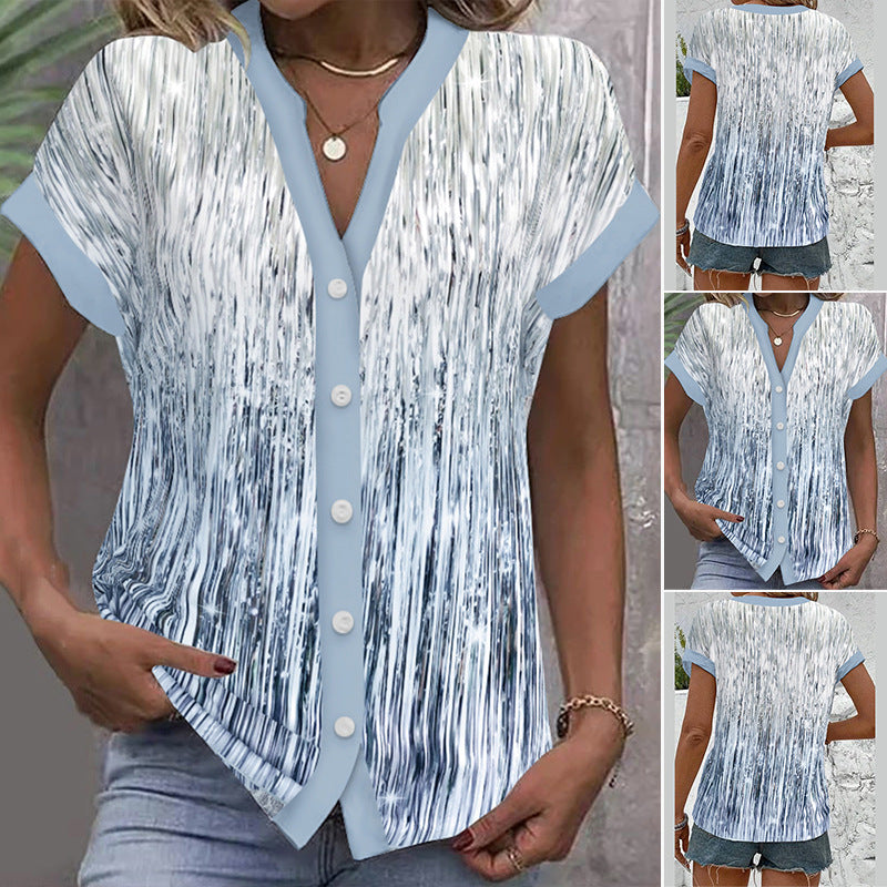 Women's short sleeve blouse with vertical brushstroke print, contrasting button placket and loose hem Mune Fashion