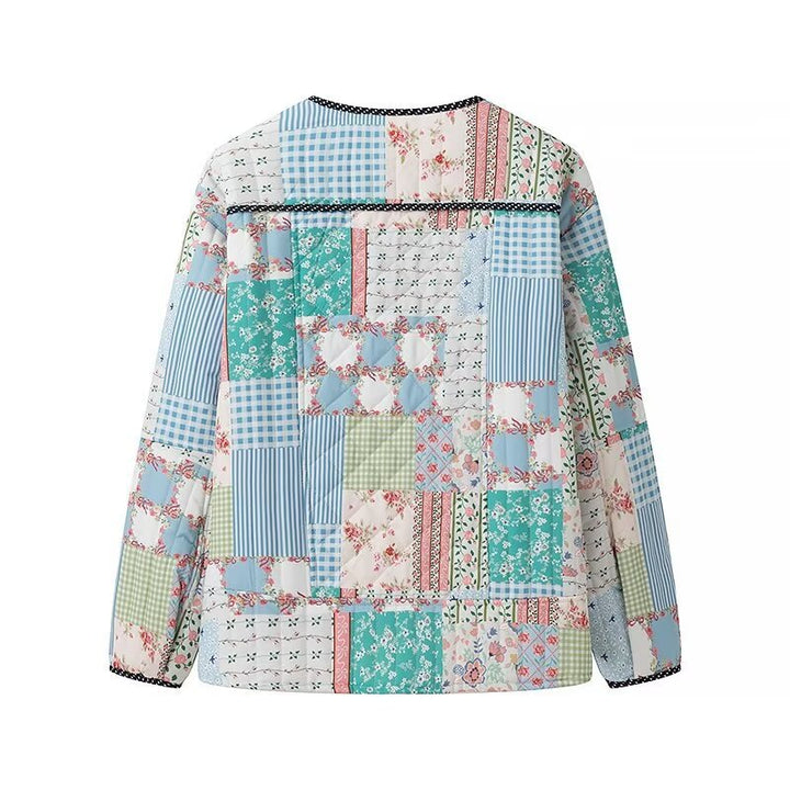 Women's quilted patchwork jacket with round neckline, decorative trim and front buttons Mune Fashion