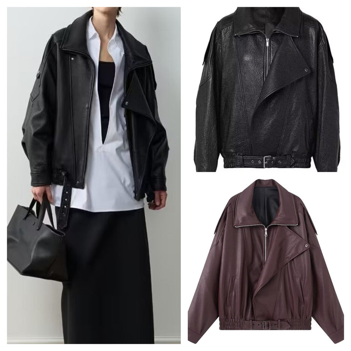 Ladies Oversize Faux Leather Biker Jacket with Asymmetrical Zipper, Belt and Elastic Waist Mune Fashion