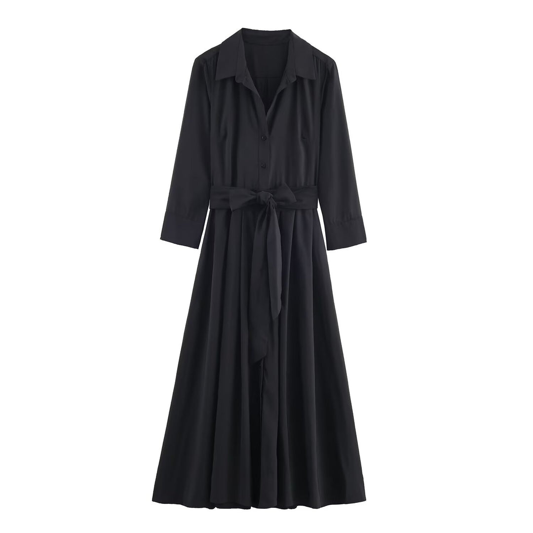 Women's maxi dress in shirt blouse style with tied belt and flared A-line skirt Mune Fashion