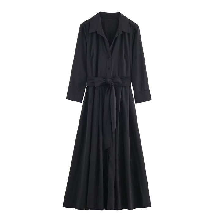 Women's maxi dress in shirt blouse style with tied belt and flared A-line skirt Mune Fashion
