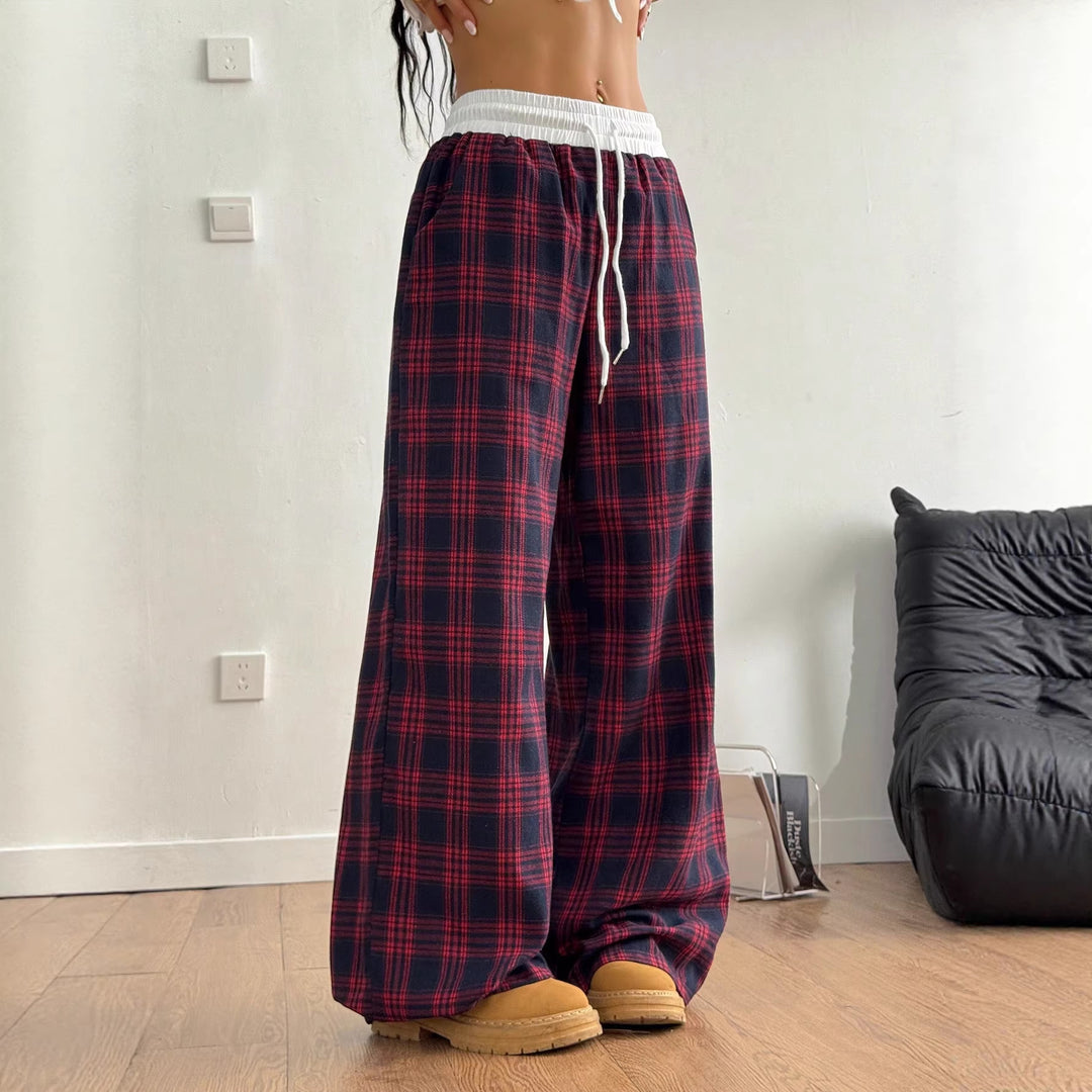 Women's wide plaid lounge pants with high elastic waistband and drawstring Mune Fashion