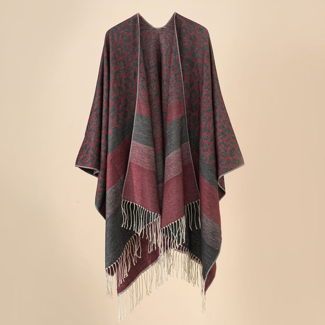 Women's Oversized Ruana with Leo Jacquard, fringes, and soft wool blend Mune Fashion