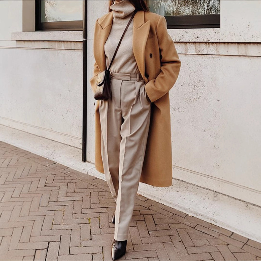 Ladies long cut double-breasted wool blend coat with wide silhouette Mune Fashion