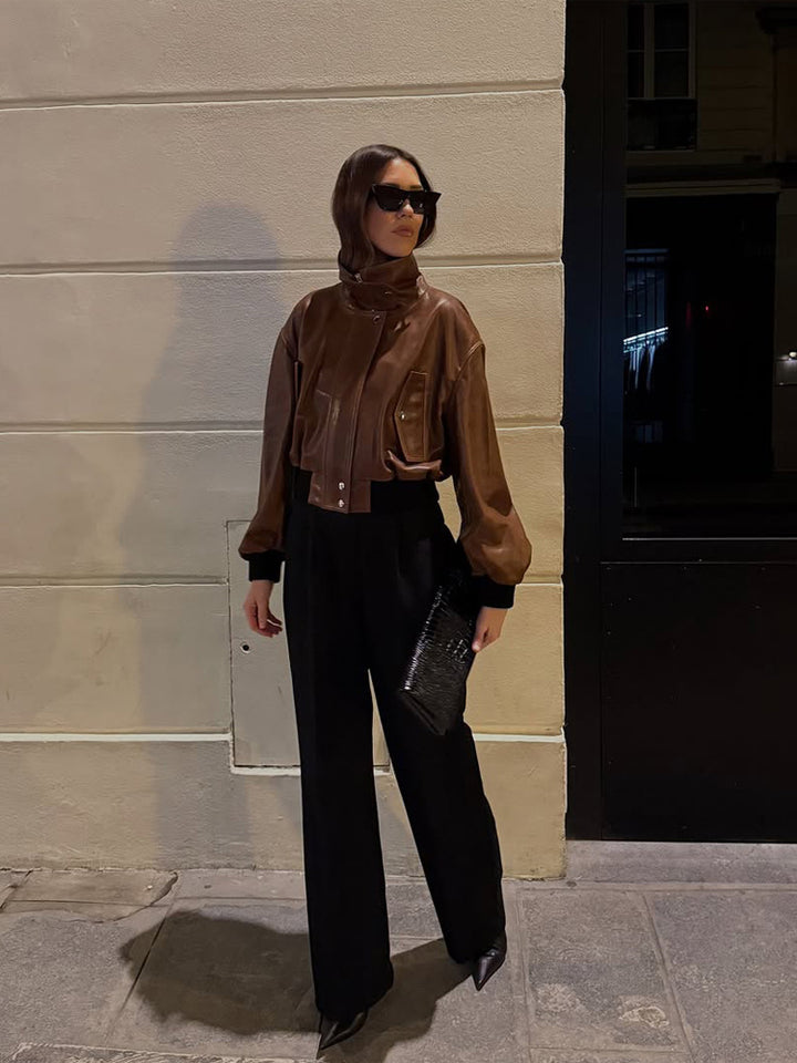 Women's short-cut leather blouse jacket with high stand-up collar and balloon sleeves Mune Fashion