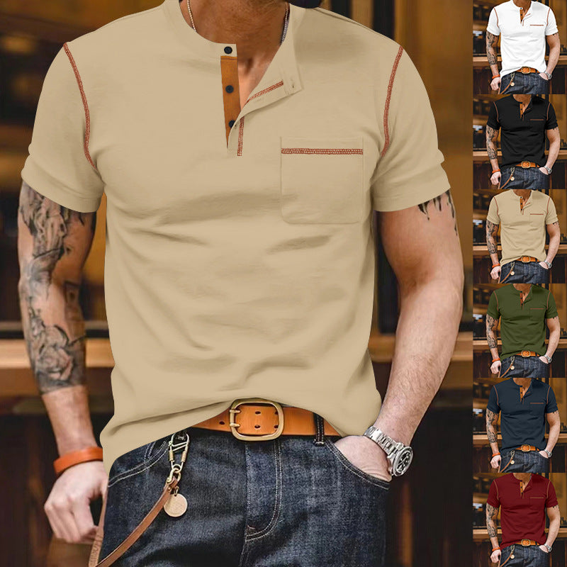 Men's short-sleeve shirt with stand-up collar, half-button placket, and chest pocket Mune Fashion