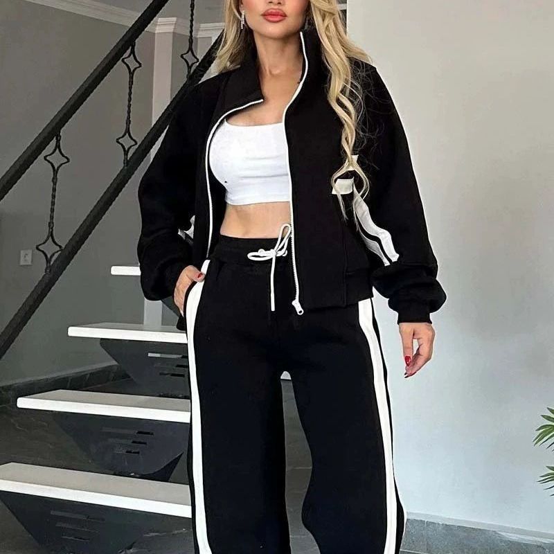 Women's athletic two-piece set made of French Terry with zipper cropped jacket and wide high-waist jogger Mune Fashion