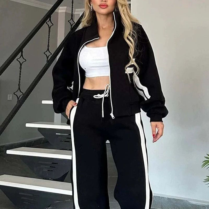 Women's athletic two-piece set made of French Terry with zipper cropped jacket and wide high-waist jogger Mune Fashion