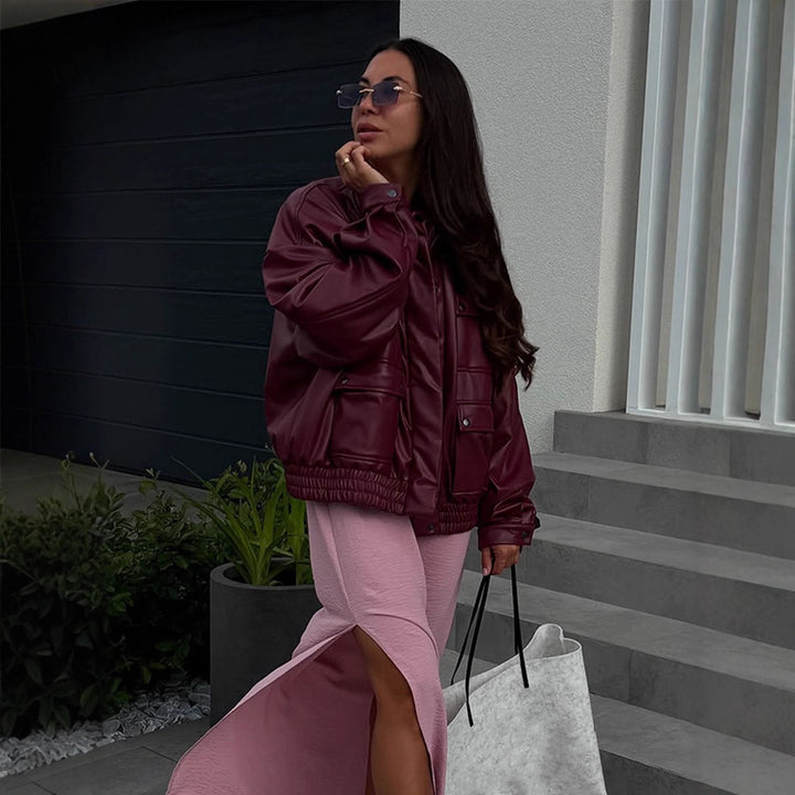 Women Oversized Faux Leather Jacket with Placket Snap Pockets and Elastic Hem Mune Fashion