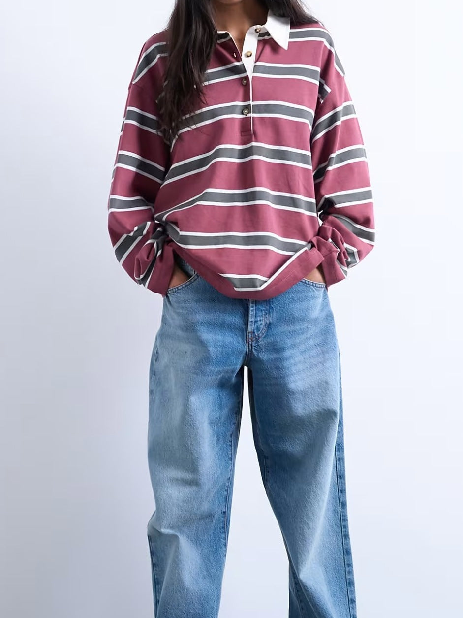 Women's Casual Striped Shirt with Polo Collar