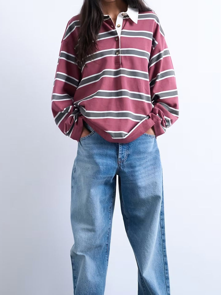 Women's Casual Striped Shirt with Polo Collar