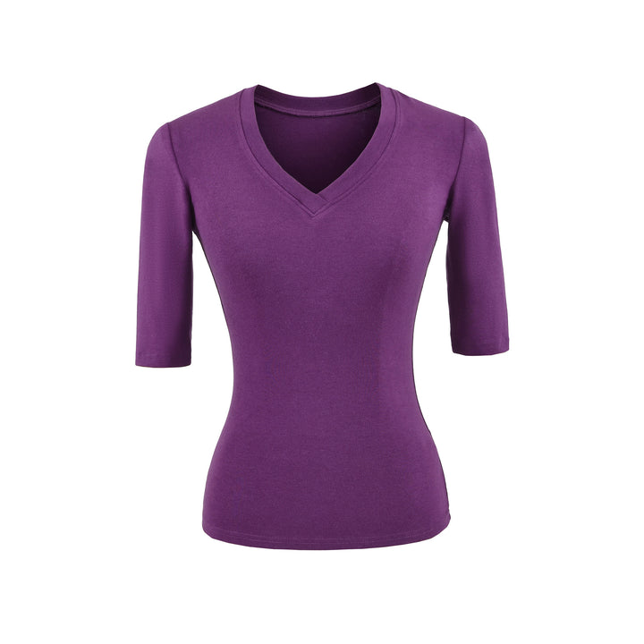 Women's Fitted V-Neck Three-Quarter Sleeve Fine Rib Top made of Stretch Jersey Mune Fashion
