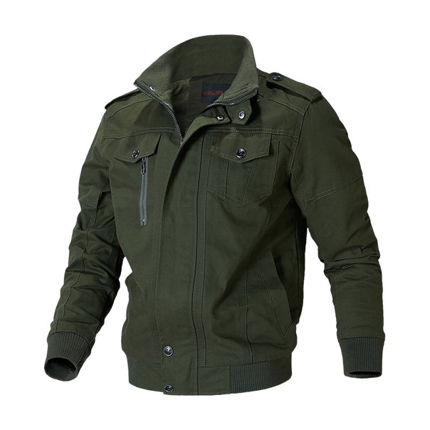 Men's robust canvas bomber jacket in field style with epaulettes, concealed snap button placket, and functional pockets.
