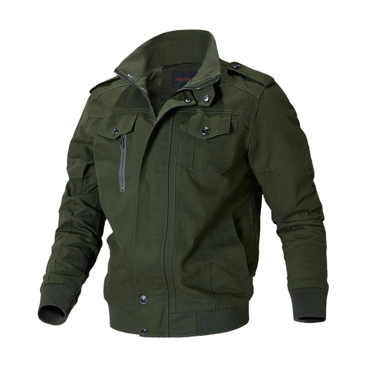Men's robust canvas bomber jacket in field style with epaulettes, concealed snap button placket, and functional pockets.