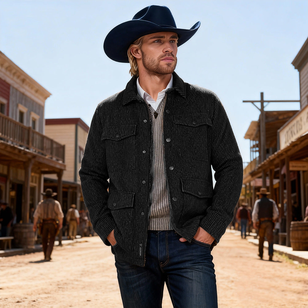 Men's Ribbed Cord Jacket with Flap Pockets and Shirt Collar Mune Fashion