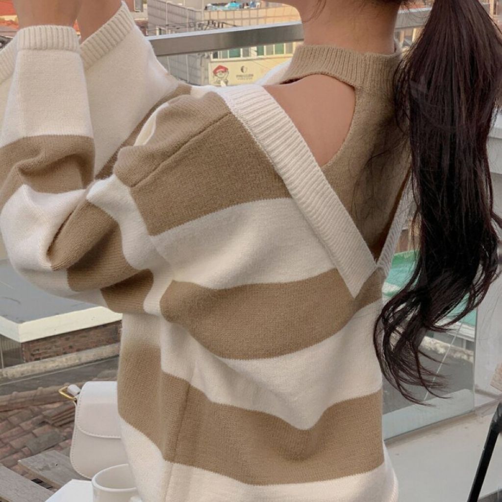 Women's Off-Shoulder Striped Knit Sweater with Cut-Out Shoulders and V-Inset Mune Fashion