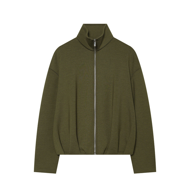 Women Boxy Cropped Stand Collar Cardigan with Full Zip and Dropped Shoulder Mune Fashion