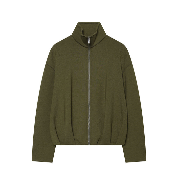Women Boxy Cropped Stand Collar Cardigan with Full Zip and Dropped Shoulder Mune Fashion