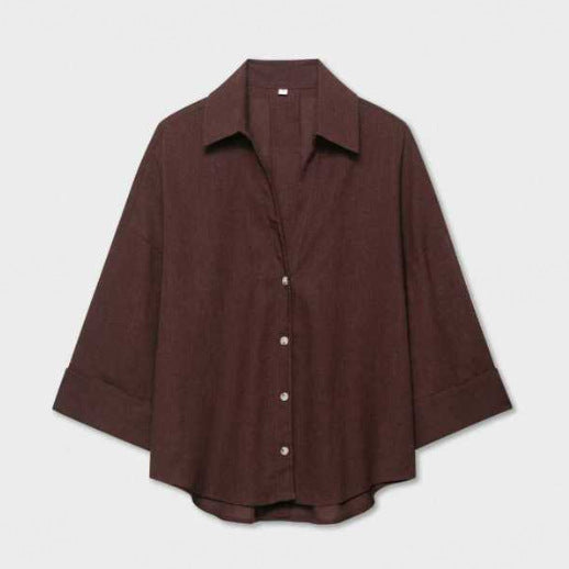 Women's Lightweight Oversized Linen Look Blouse with Three-Quarter Sleeves and Full Button Placket Mune Fashion