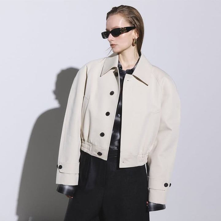 Women's Short Boxy Blouson with Elastic Hem and Distinctive Button Details Mune Fashion
