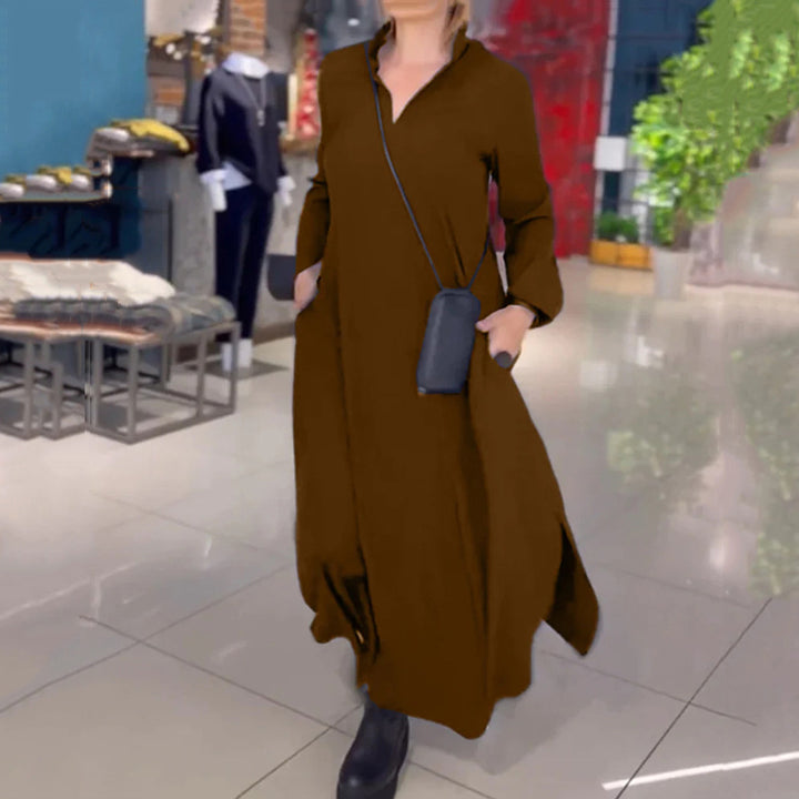 Women's flowing maxi dress with V-neck, boxy A-line, and long sleeves Mune Fashion