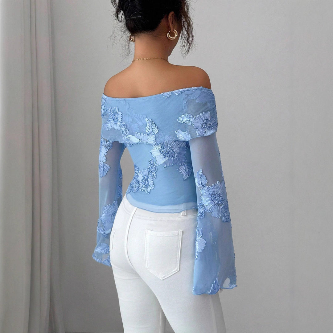 Ladies off-shoulder mesh top with three-dimensional lace appliqué, flared bell sleeves, and asymmetrical scalloped hem Mune Fashion
