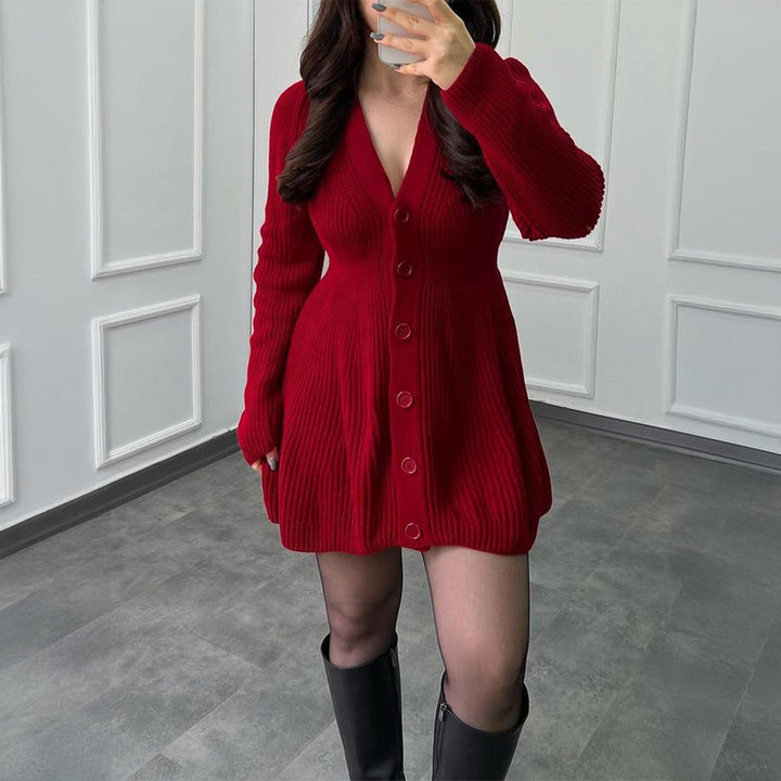 Women's fitted knitted dress with full button placket, V-neck and flared A-line skirt Mune Fashion