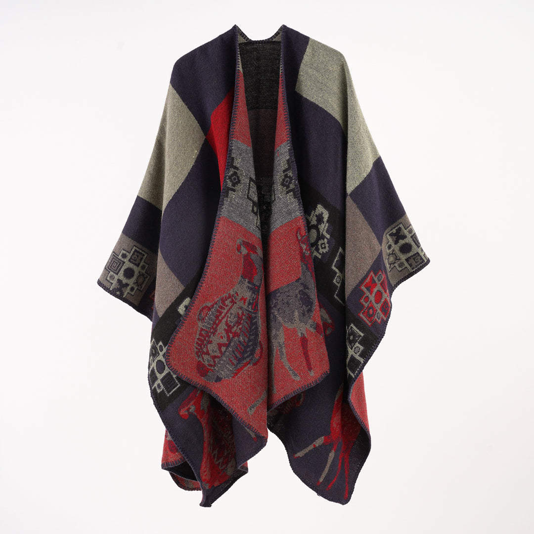 Women's Oversized Jacquard Cape Poncho with Ornamental Weaving Structure Mune Fashion