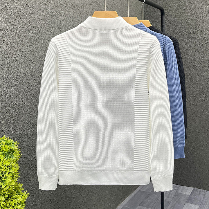 Women's fine knit pullover with structured waffle and ribbed texture and stand-up collar Mune Fashion