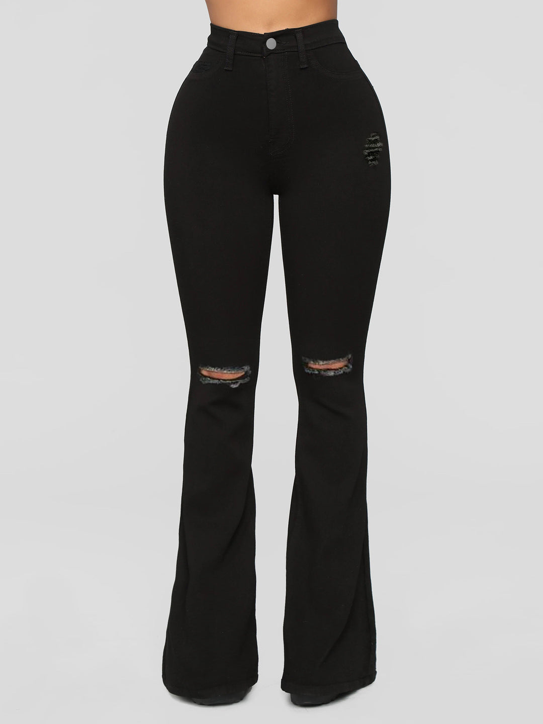Ladies High-Waist Flared Jeans with Knee Rips and Sculpting Stretch Waistband Mune Fashion