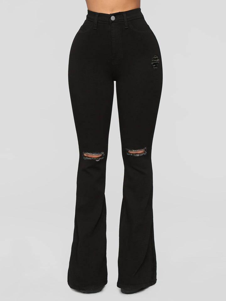 Ladies High-Waist Flared Jeans with Knee Rips and Sculpting Stretch Waistband Mune Fashion