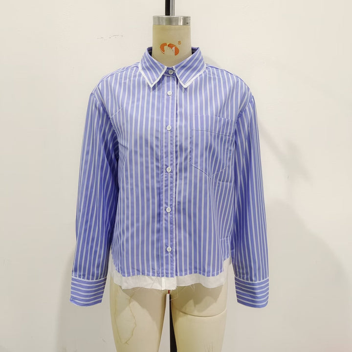 Women's oversized shirt blouse with button-down collar, chest pocket, and contrasting hem Mune Fashion