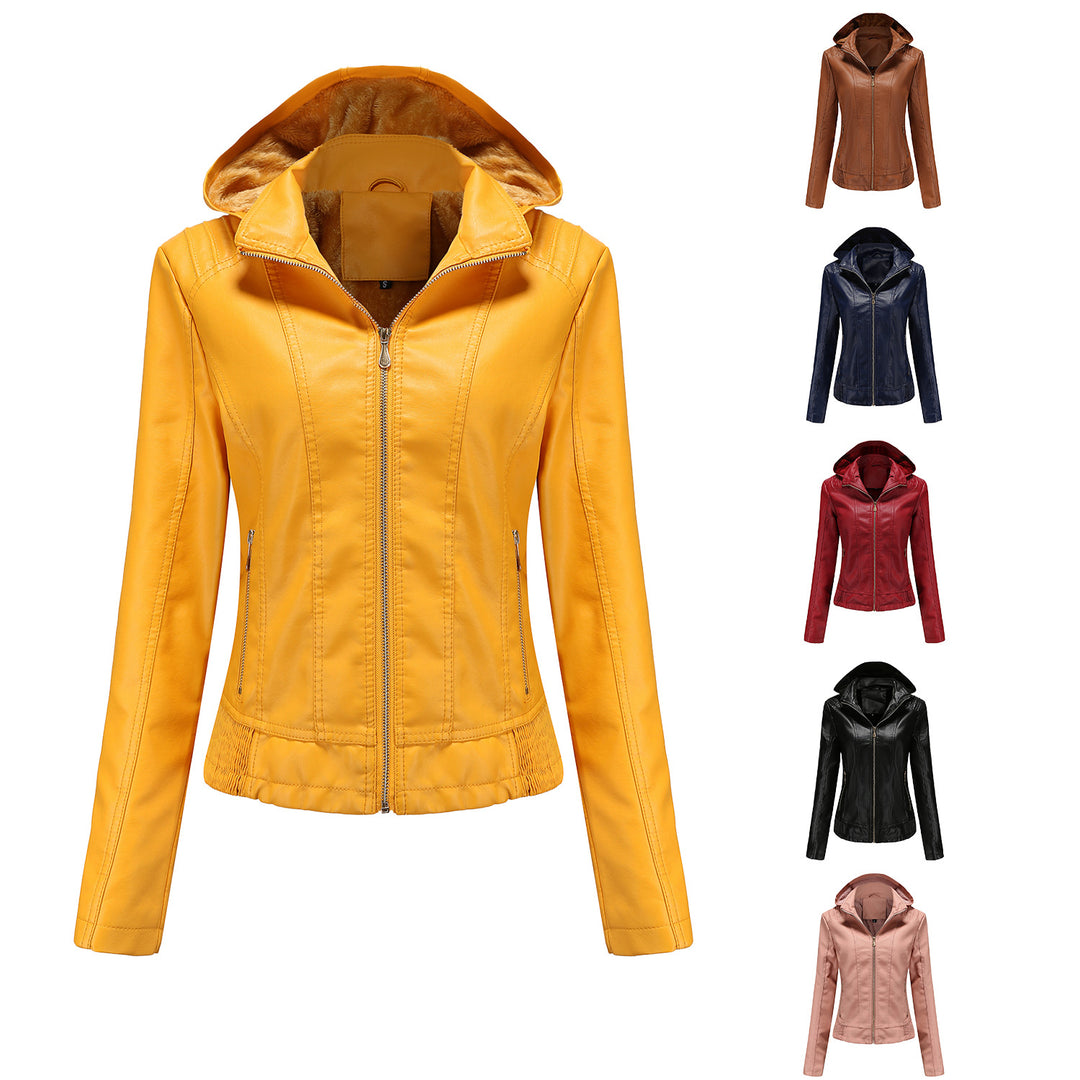 Women's tailored faux leather jacket with hood, padded inner lining and concealed zip pockets Mune Fashion