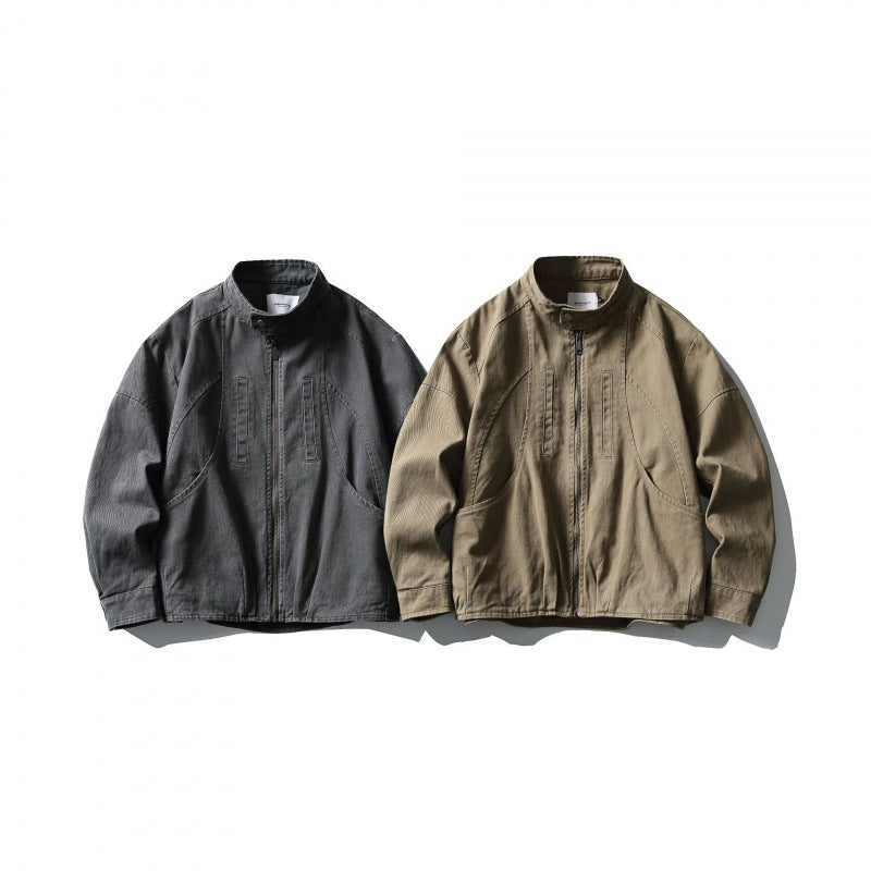 Men's Lightweight Worker Jacket made of Stonewashed Cotton Blend with Stand Collar Mune Fashion
