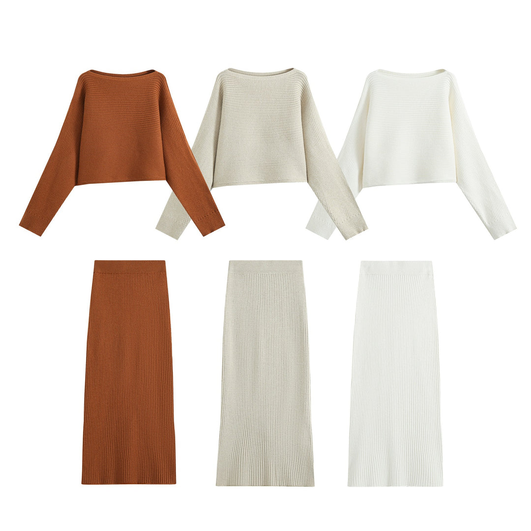 Women's Two-Piece Ribbed Knit Set with Short Sweater and Midi Skirt Mune Fashion